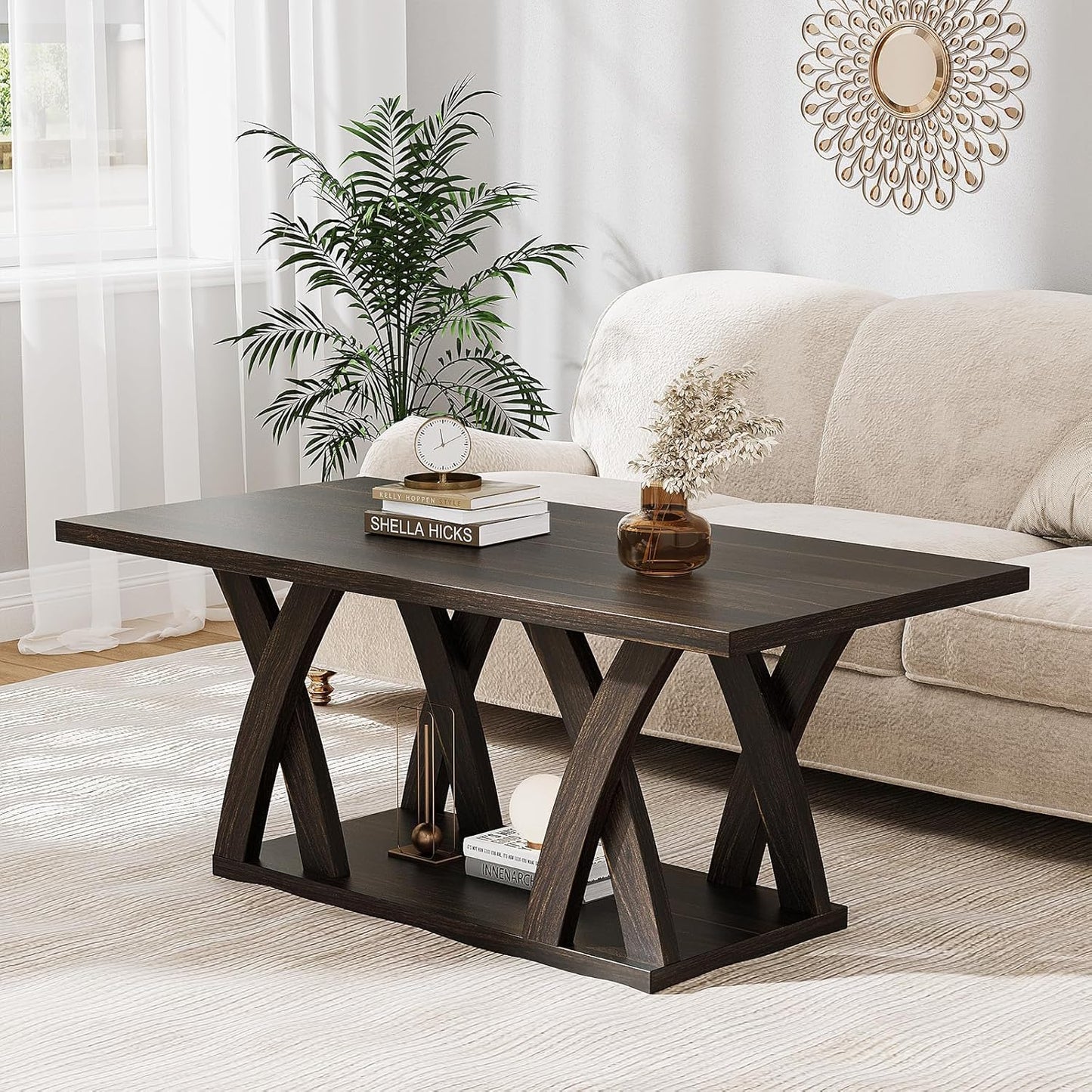 47” Wood Coffee Tables for Living Room Rustic Stands with Storage Shelf Brown Coffee Tables for