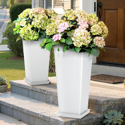 FENCY Set of 2 Tall Planters for Outdoor Plants, 24 Inch Large Tapered Pots with Drainage Trays