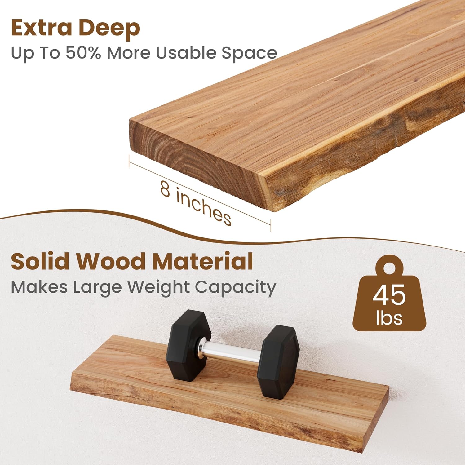 Floating Shelves for Wall Decor, Rustic Solid Elm Wood Live Edge Floating Shelves Wall Mounted