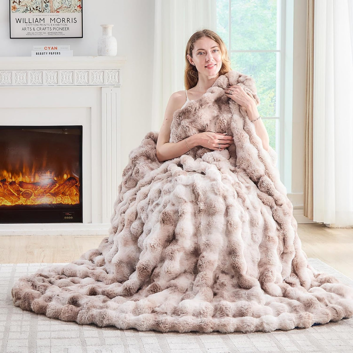 Lotus Karen Faux Fur Throw Blanket Tie-Dye Beige - Big Bubble Rabbit Fluff Blanket for Couch, Small