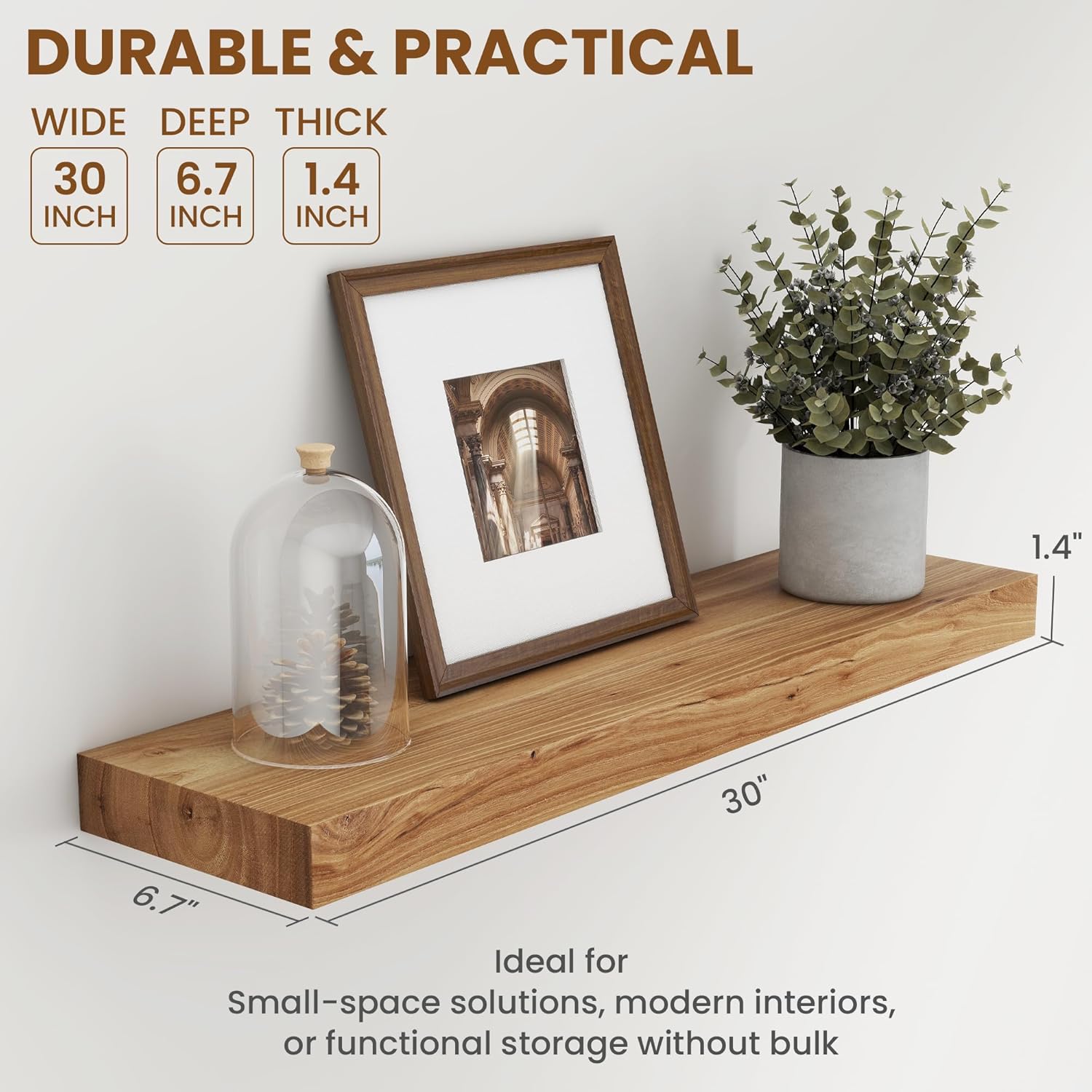 Rustic 30" Floating Shelves, Real Elm Wood Floating Shelf for Wall, Heavy-Duty Wall Shelves for