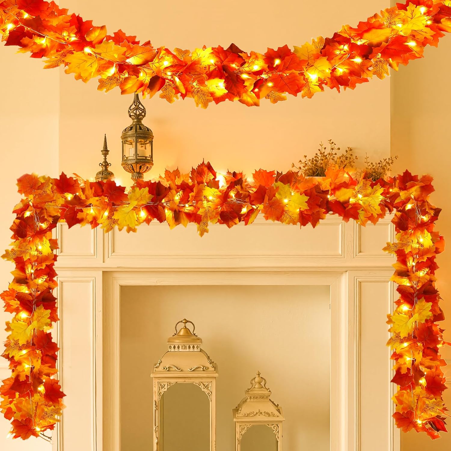 Joyhalo 2 Pack Fall Garland with Lights, Fall Leaves for Mantle, Outdoor Lighted Up Leaf Garland