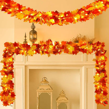Joyhalo 2 Pack Fall Garland with Lights, Fall Leaves for Mantle, Outdoor Lighted Up Leaf Garland