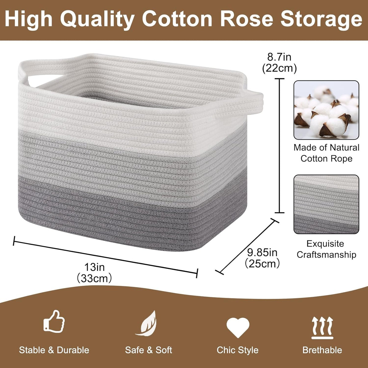 Storage Basket for Organizing, Woven Baskets for Storage, Rectangle Decorative Baskets for Shleves