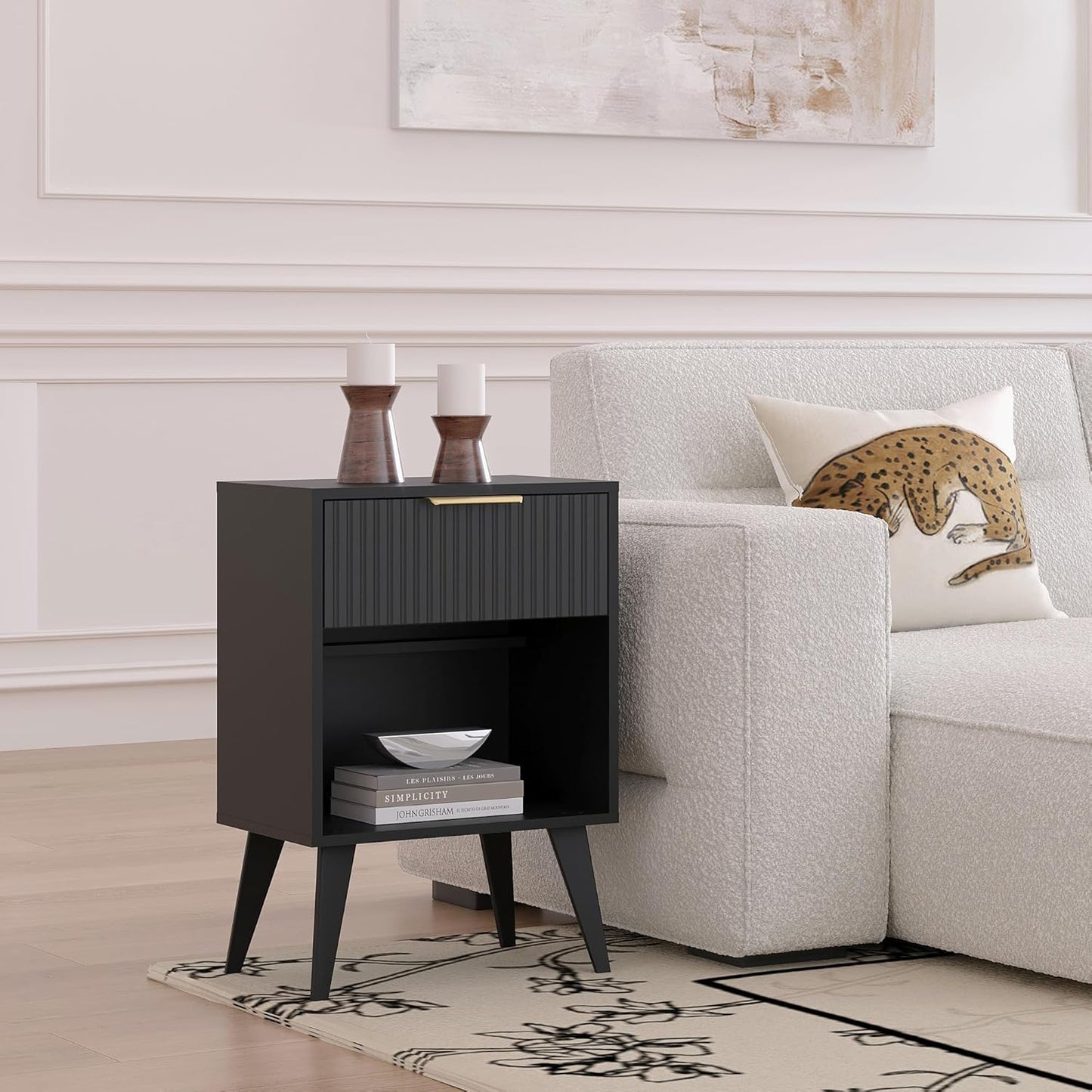 Fluted Night Stand with Opening Storage,Mid Century Bedside Table with Drawer,Modern Nightstand