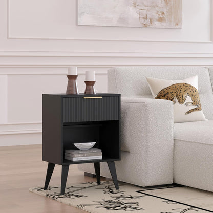 Fluted Night Stand with Opening Storage,Mid Century Bedside Table with Drawer,Modern Nightstand