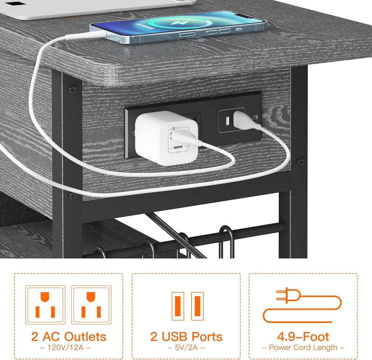 End Table with Charging Station, Flip Top Nightstand with USB Ports and Outlets,Couch Side Table