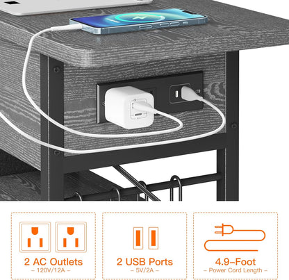 End Table with Charging Station, Flip Top Nightstand with USB Ports and Outlets,Couch Side Table
