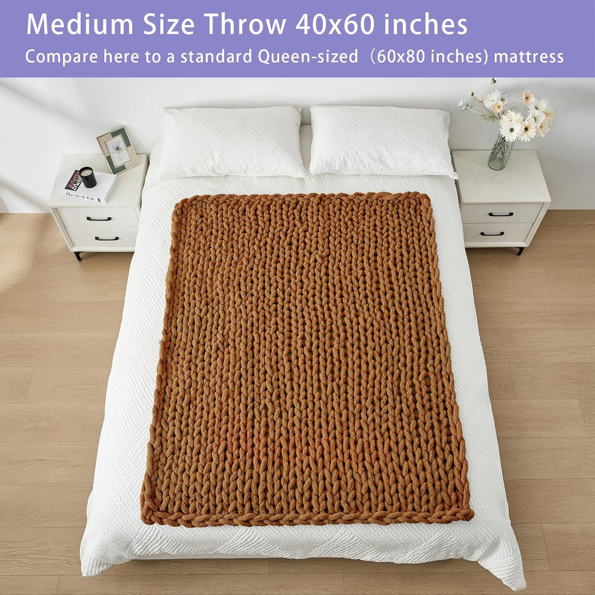 Bigacogo Chunky Knit Throw Blanket for Couch, 40x60 inches, 100% Hand Knitted with Thick Jumbo