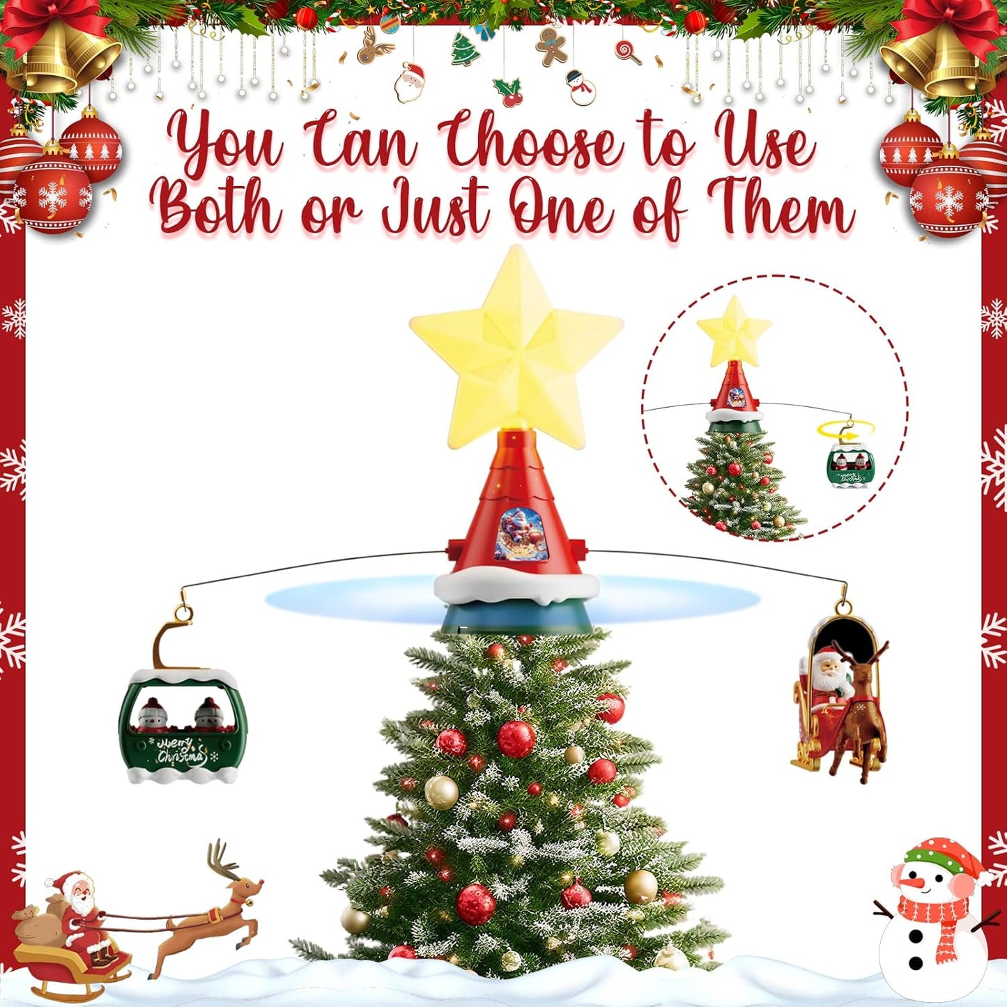 Musical Rotating Christmas Tree Topper with LED Star Light, Santa Sleigh and Cable Car Decorations