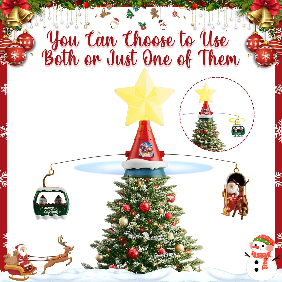 Musical Rotating Christmas Tree Topper with LED Star Light, Santa Sleigh and Cable Car Decorations