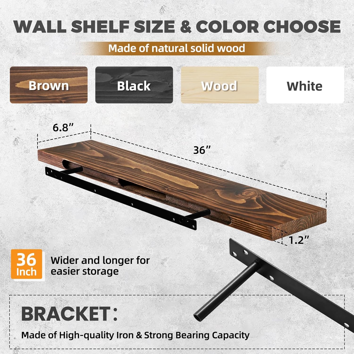 36"x6.8"x1.2" Solid Wood Floating Shelves 2-Pack - Rustic Brown Finish with Hidden Brackets