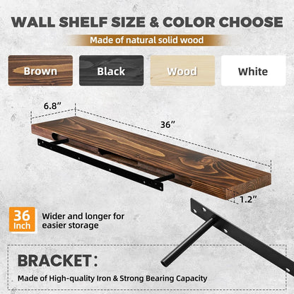 36"x6.8"x1.2" Solid Wood Floating Shelves 2-Pack - Rustic Brown Finish with Hidden Brackets