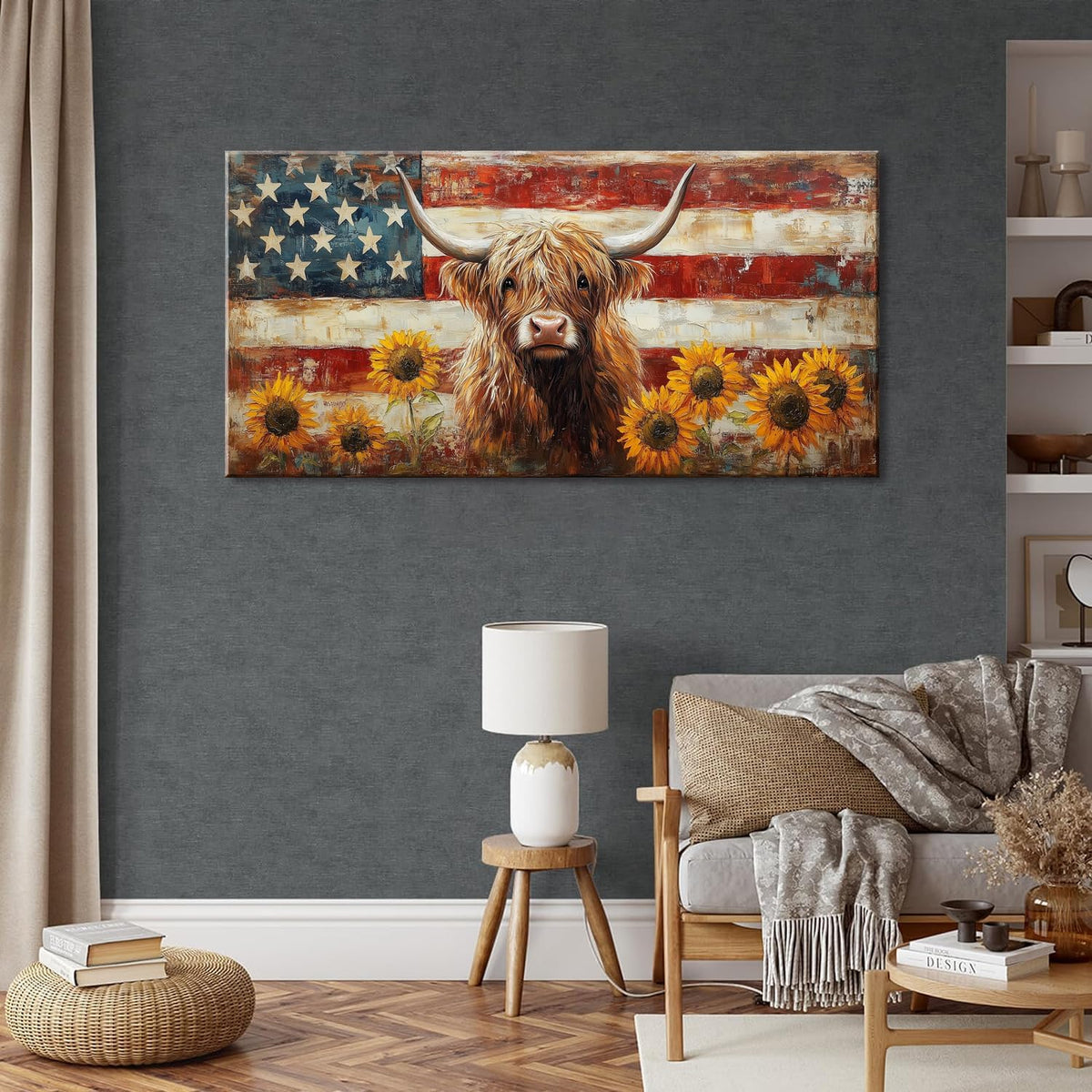 LASMOND Country Highland Cow Wall Art for Living Room Rustic Retro Vintage American Flag Sunflower