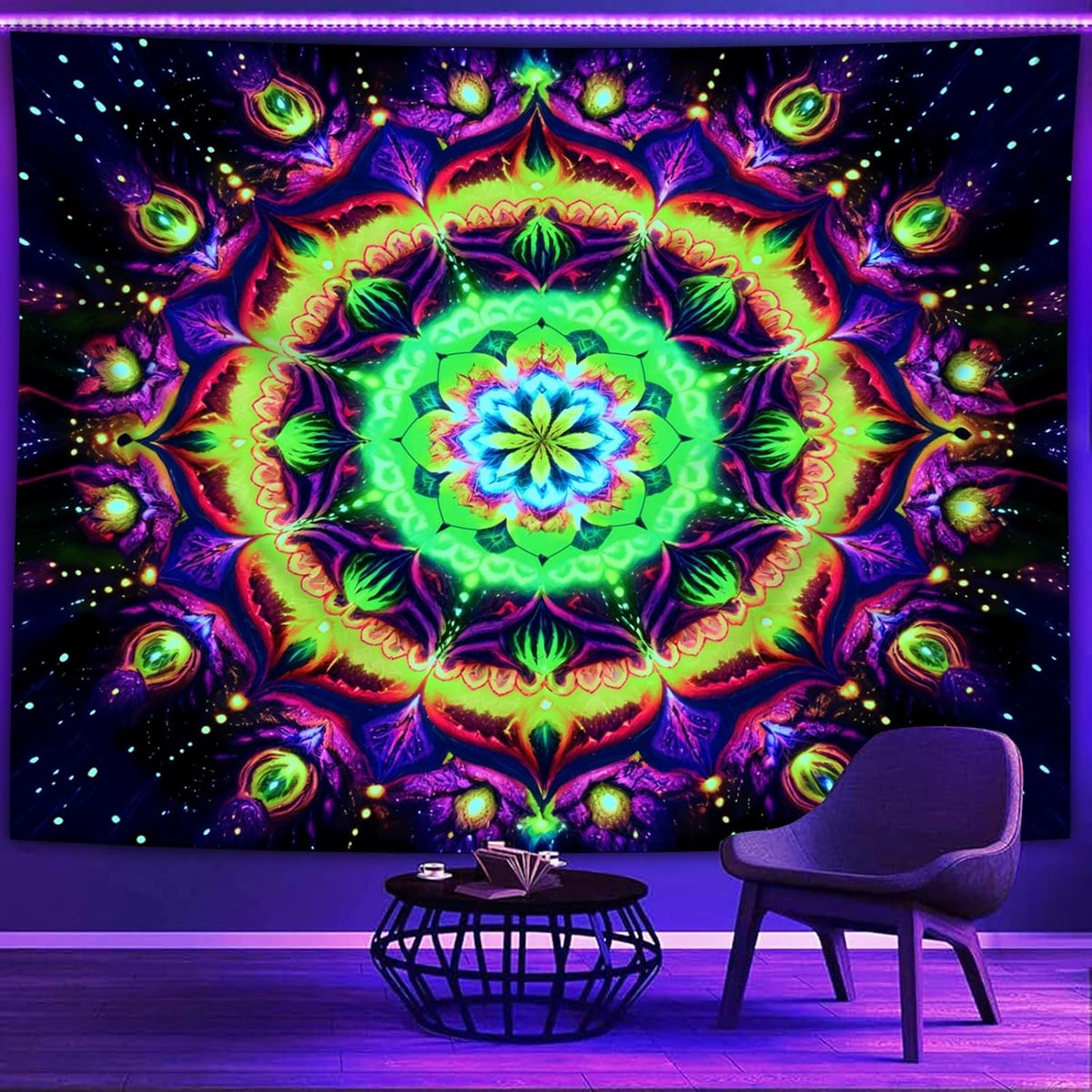 Blacklight Mandala Tapestry for Bedroom, Psychedelic Flower Black Light Posters for Adults and