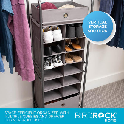 BIRDROCK HOME 12 Cubby Vertical Shoe Rack Organizer with Large Drawer - Grey - Free Standing Tower