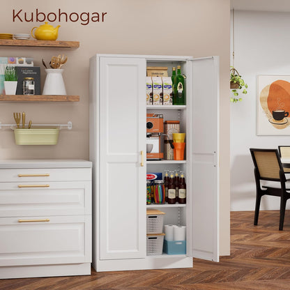 60" Tall Metal Pantry Cabinet, White Kitchen Pantry Storage Cabinet with 3 Adjustable Shelves and