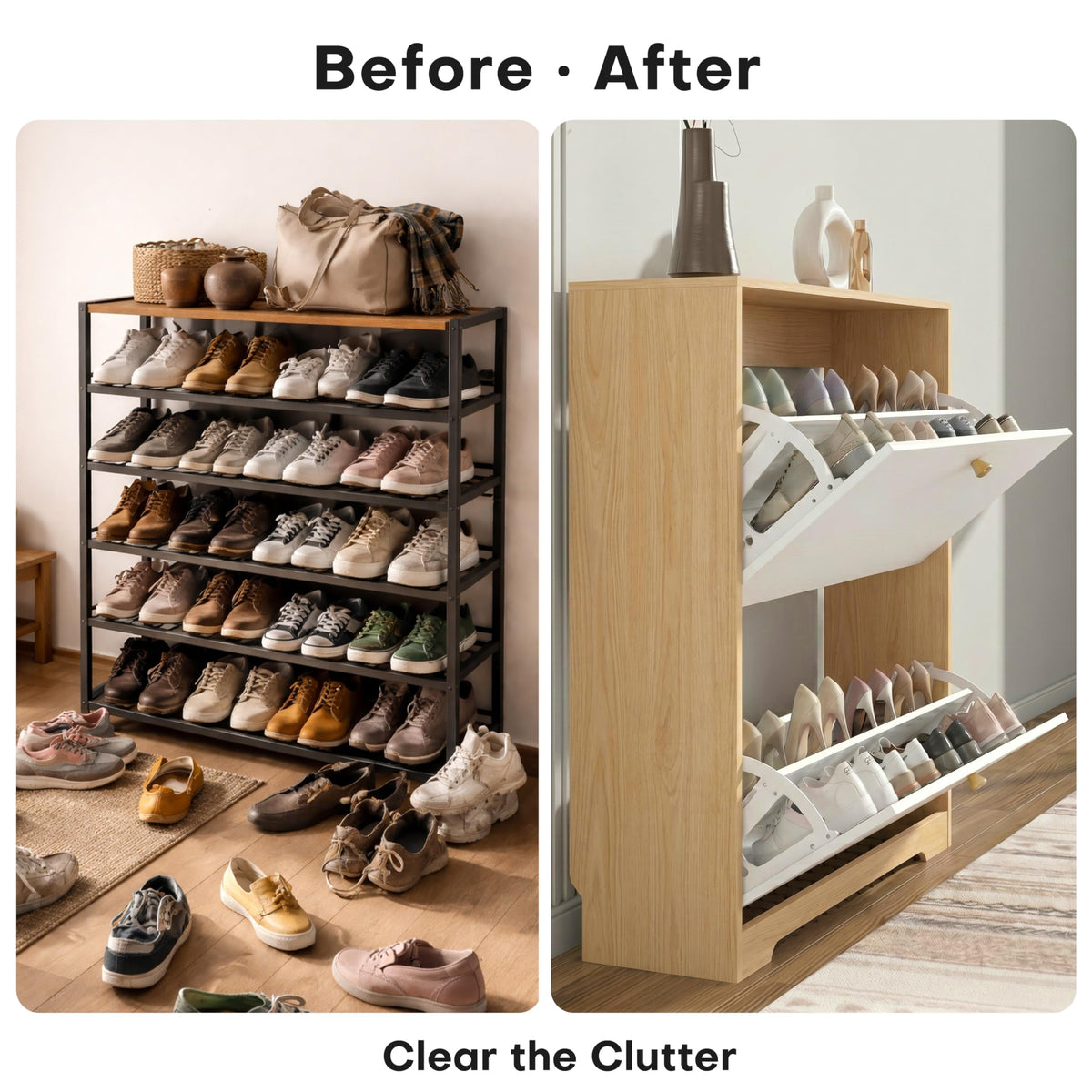 Nicetree Shoe Storage Cabinet with 2 Flip Drawers, Natural Oak and White