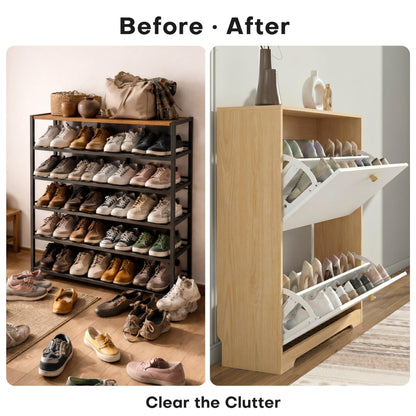 Nicetree Shoe Storage Cabinet with 2 Flip Drawers, Natural Oak and White
