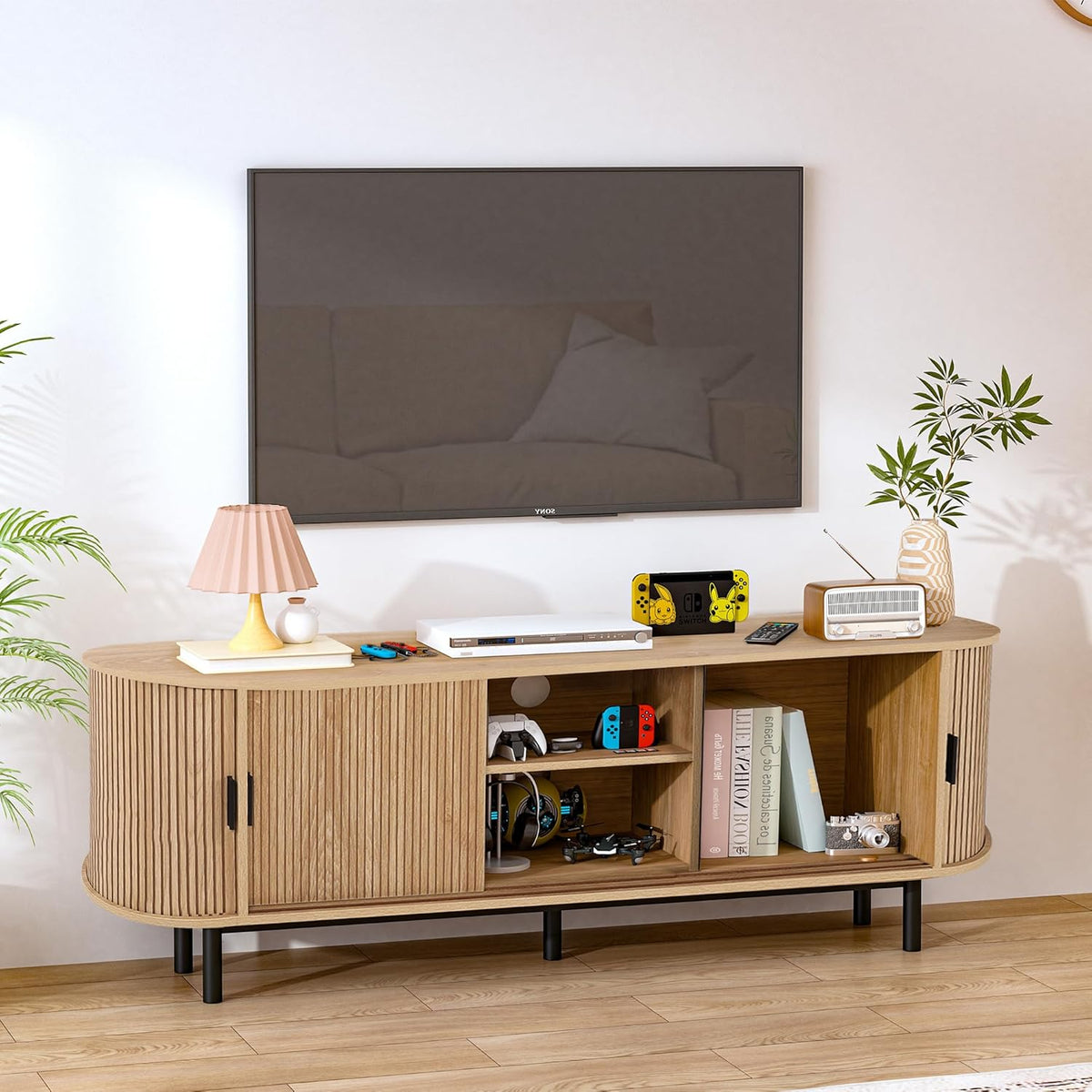 62" Tambour Door TV Stand,Wood Mid Century Modern TV Cabinet for Up to 75“ TV,Curved Edge Long TV
