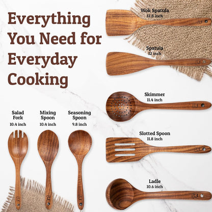 PriorityChef Premium Wooden Spoons for Cooking - 8pc Smooth Finish Teak Utensil Set with Hanging