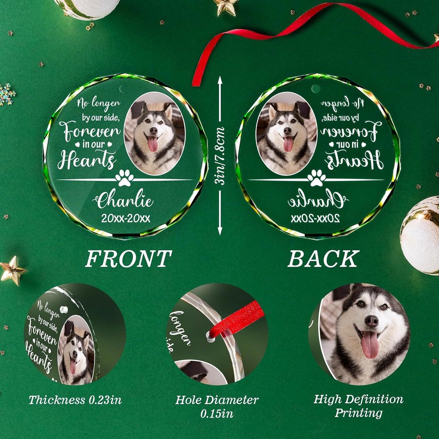 Personalized Memorial Pet Glass Ornament - Custom Picture Christmas Ornaments, Dog Forever in Our