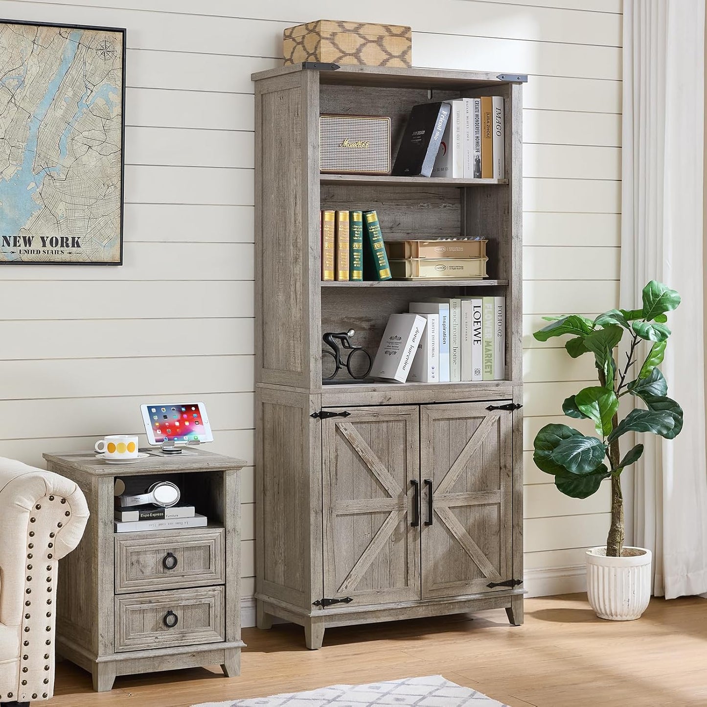 70in Tall Bookshelf 5 Tier Bookcase with Barn Doors and Adjustable Shelves, Grey Farmhouse Book