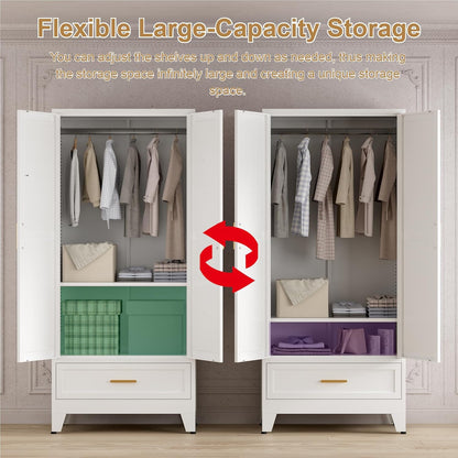 71'' Farmhouse Metal Wardrobe Cabinet with Hanging Rod, 2 Barn Door Wardrobe Closet with Adjustable
