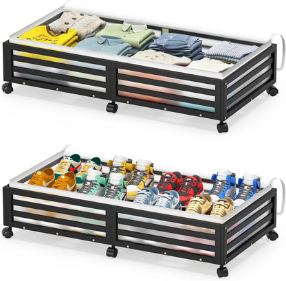 Under Bed Storage Containers With Wheels - 2 Pcs Large Bamboo Wood Rolling Underbed Shoe Storage