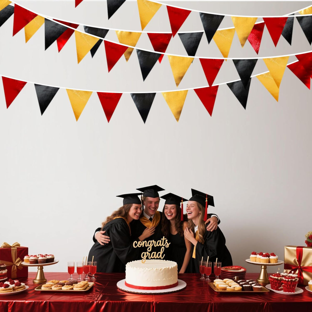 Red Black Gold Party Decorations Metallic Fabric Triangle Pennant Banner Flag Bunting Garland for
