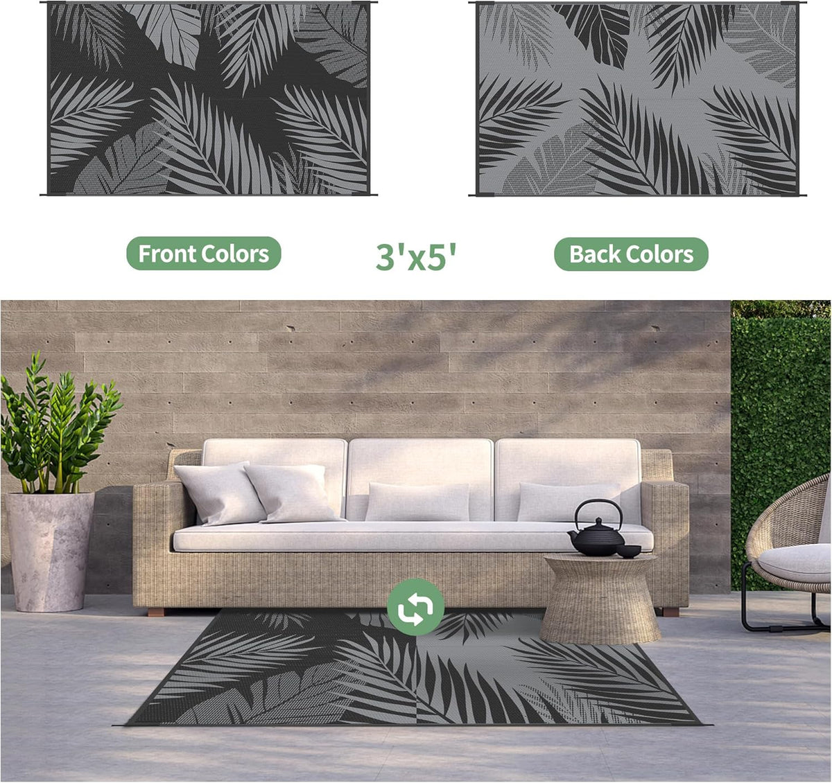 GENIMO Outdoor Rug 3' x 5' Waterproof for Patios Clearance, Reversible Outdoor Plastic Straw
