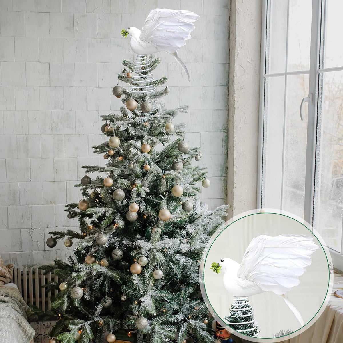 Retisee 9 Inch Dove Olive Christmas Tree Topper White Bird Christmas Tree Decoration Peaceful