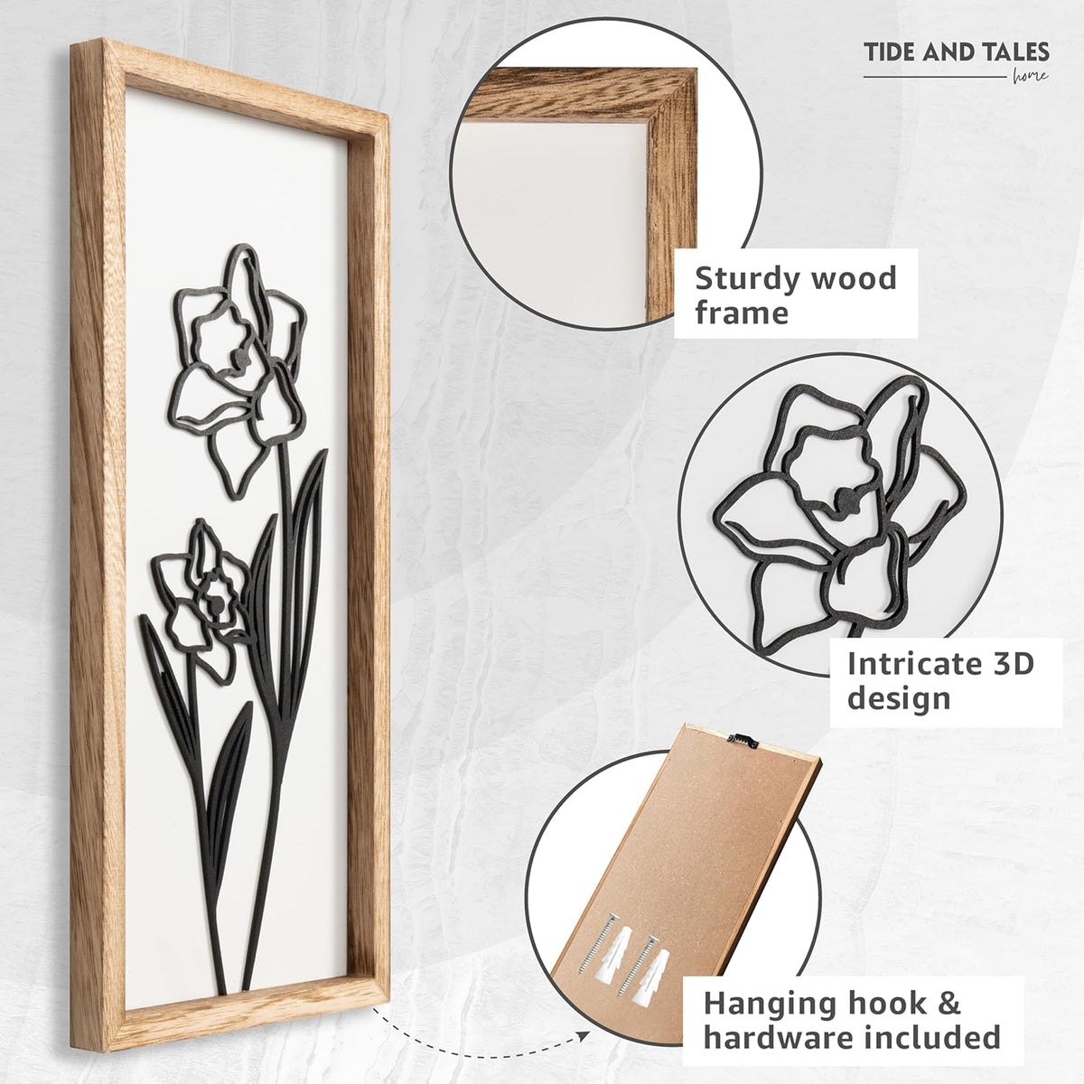 3D Black and White Wall Art (Set of 2) Lightweight, Wooden Ready-to-Hang Framed Floral Wall Art for