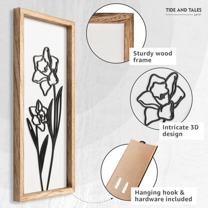 3D Black and White Wall Art (Set of 2) Lightweight, Wooden Ready-to-Hang Framed Floral Wall Art for