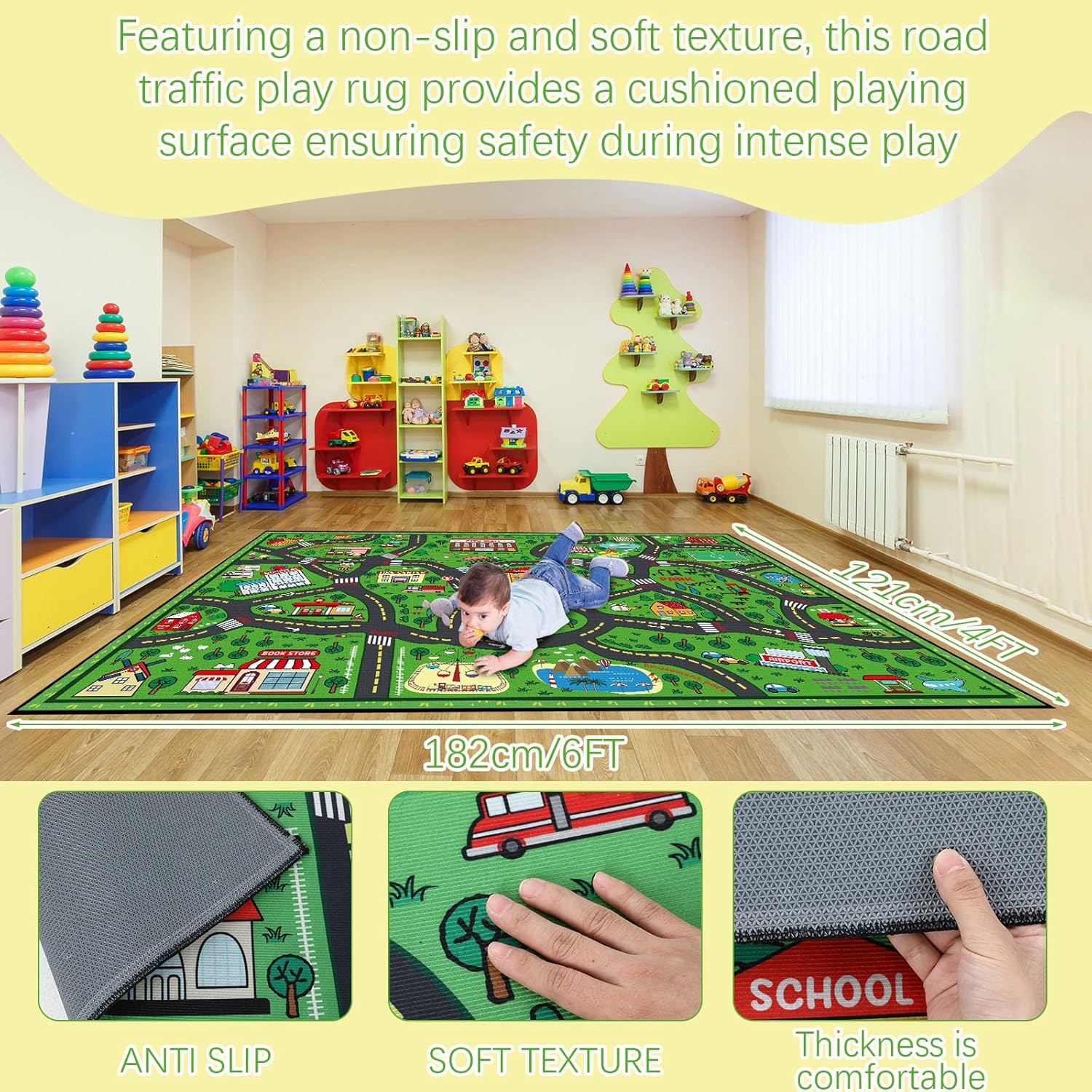 Kids Carpet Playmat Rug 4 x 6 ft Player Car Rug, City Life Traffic Road Map Mat Educational Game
