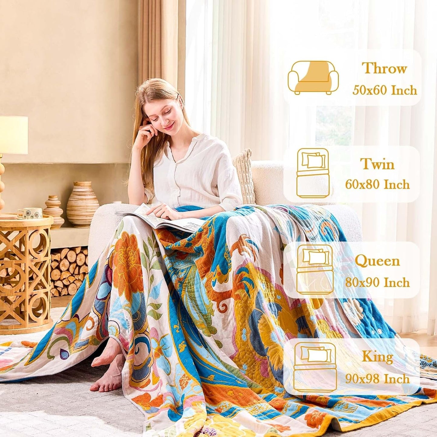 Boho Throw Blanket, Lightweight Blankets for Summer, 100% Cotton Bohemian Decorative Throw Blanket