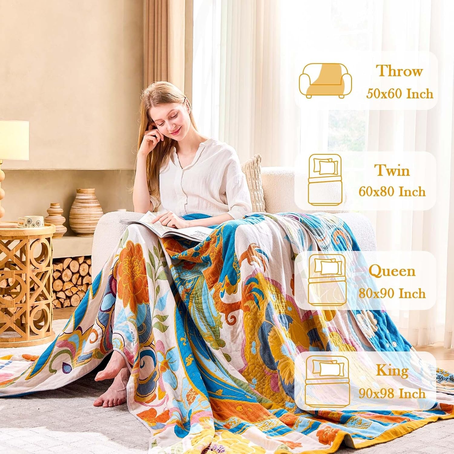 Boho Throw Blanket, Lightweight Blankets for Summer, 100% Cotton Bohemian Decorative Throw Blanket