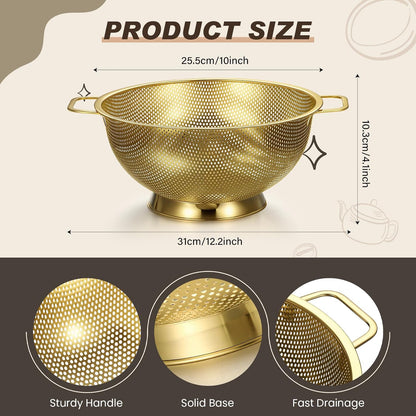 Norme 4 Quart Stainless Steel Gold Colander and 3 Pcs Gold Fine Mesh Strainer, Stainless Steel