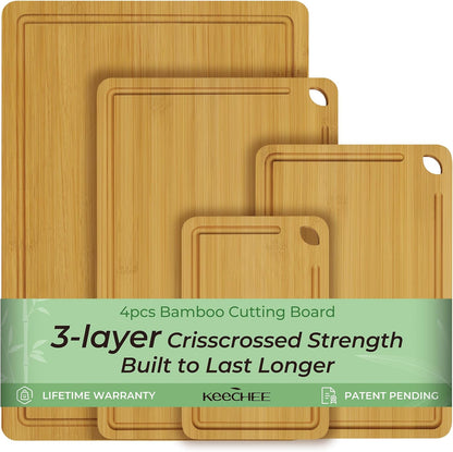 4-Pcs Natural Wood Cutting Board Set Kitchen Tools with Juice Groove, Wooden Chopping Board for