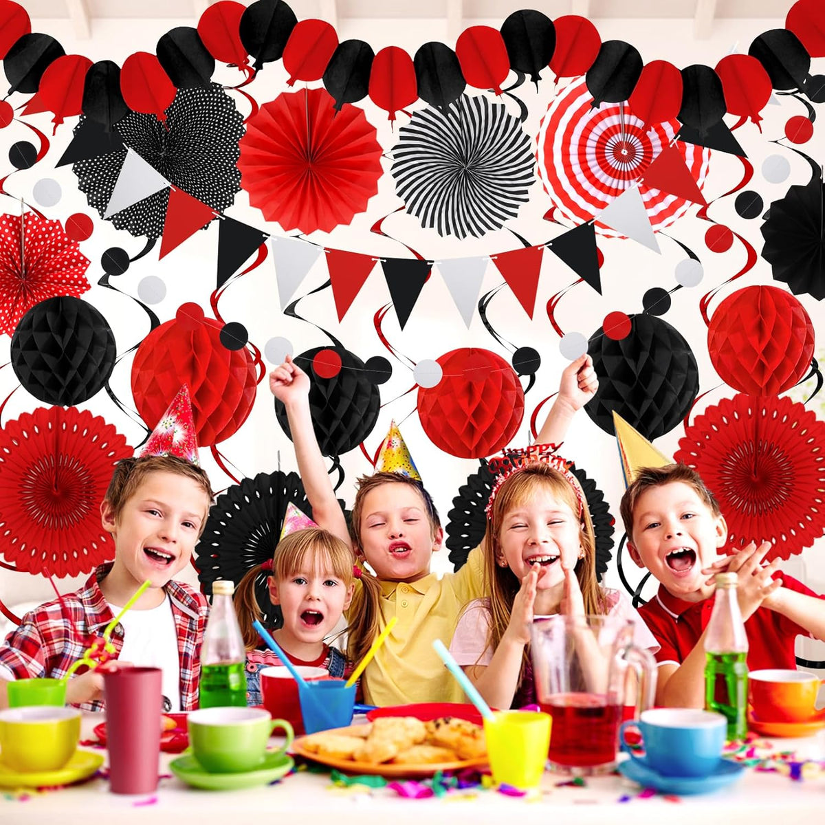 Black Red Party Decorations, Easy Assembly Paper Fan Honeycomb Ball Garland Hanging Swirl
