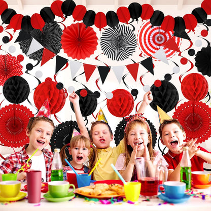 Black Red Party Decorations, Easy Assembly Paper Fan Honeycomb Ball Garland Hanging Swirl