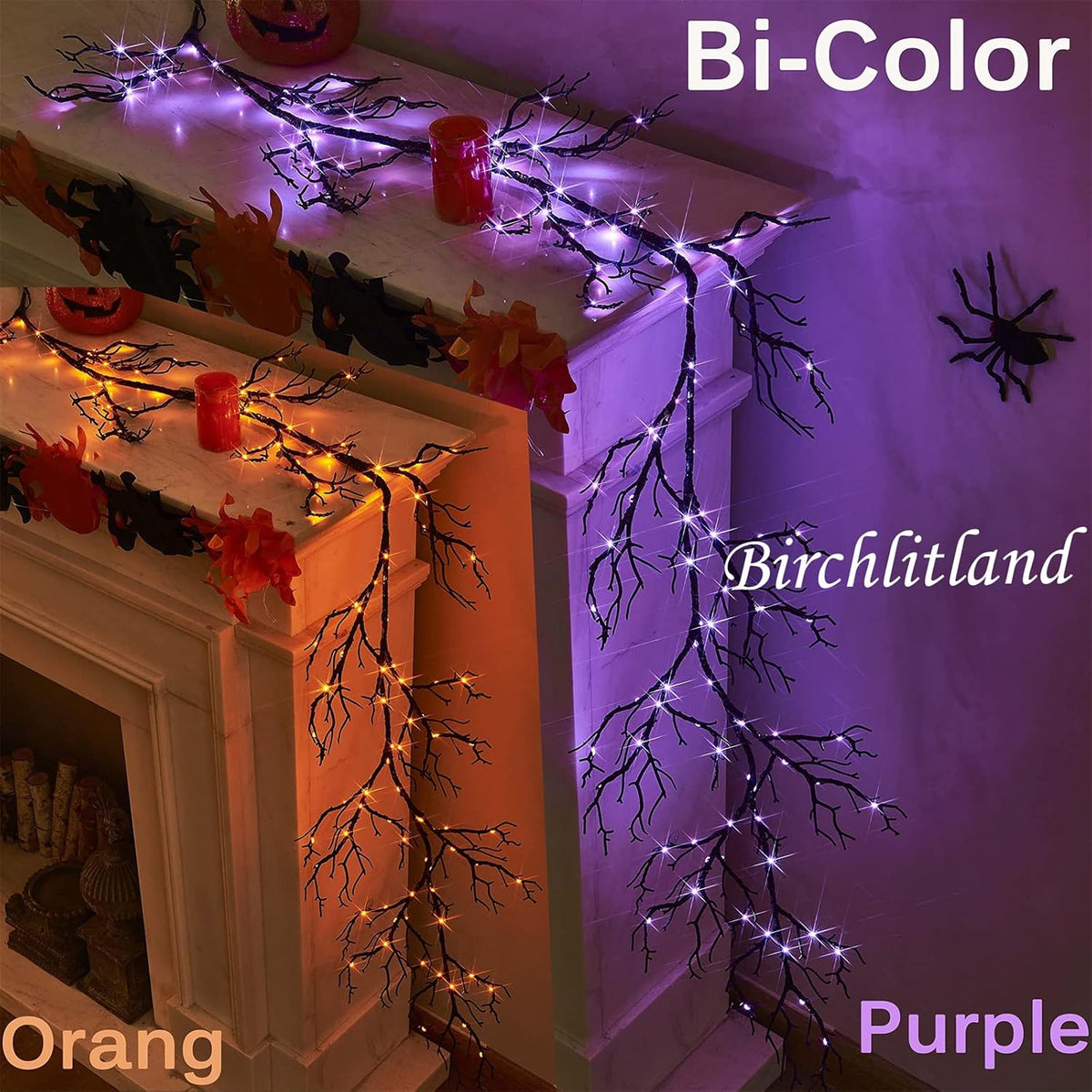 Birchlitland Halloween Lighted Garland 6FT 120L Orange and Purple Bi-Color LED Lights 8 Functions