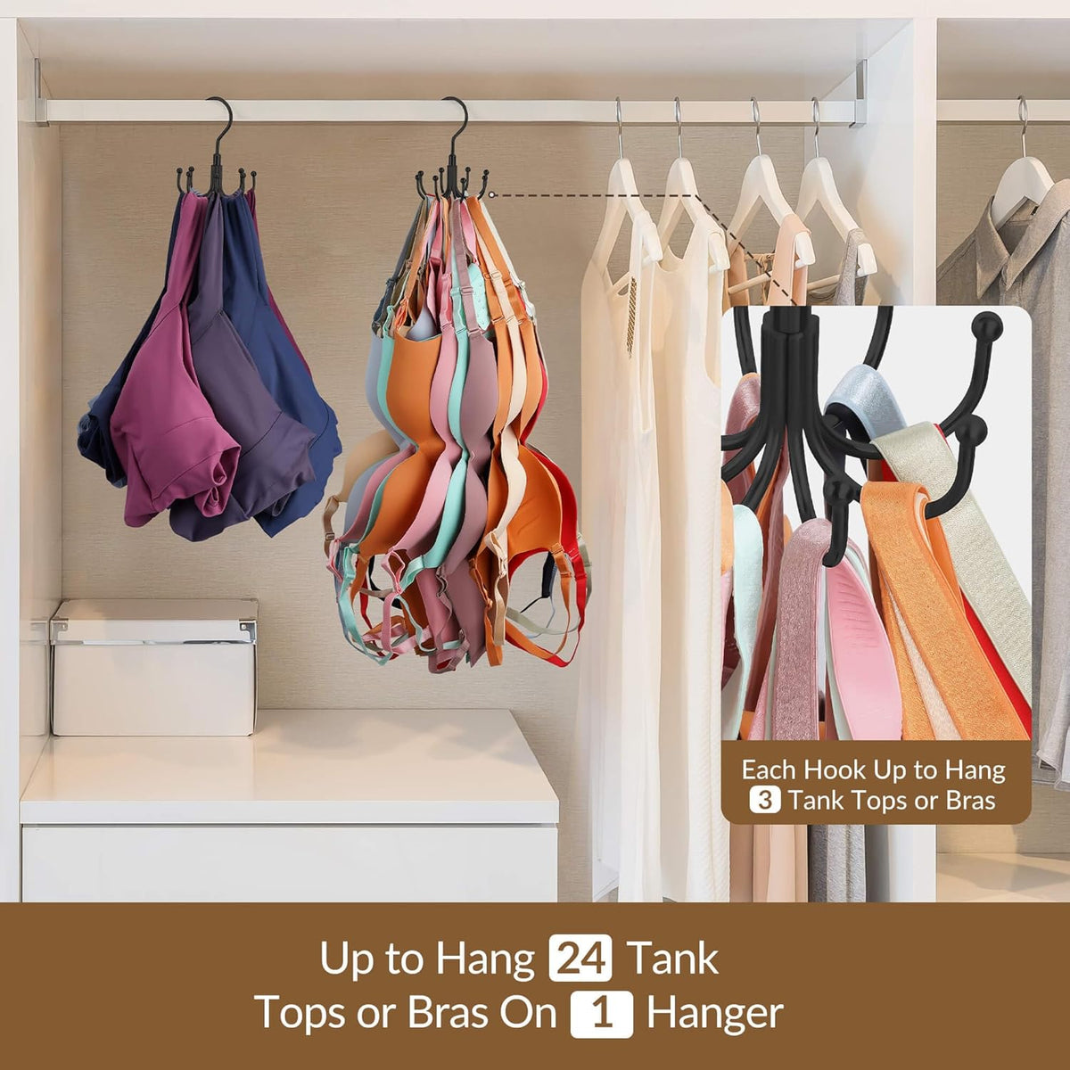 ZEDODIER Tank Top Hanger, Rotatable Bra Organzier for Closet, Max 24 Storage Capacity Sport Bra