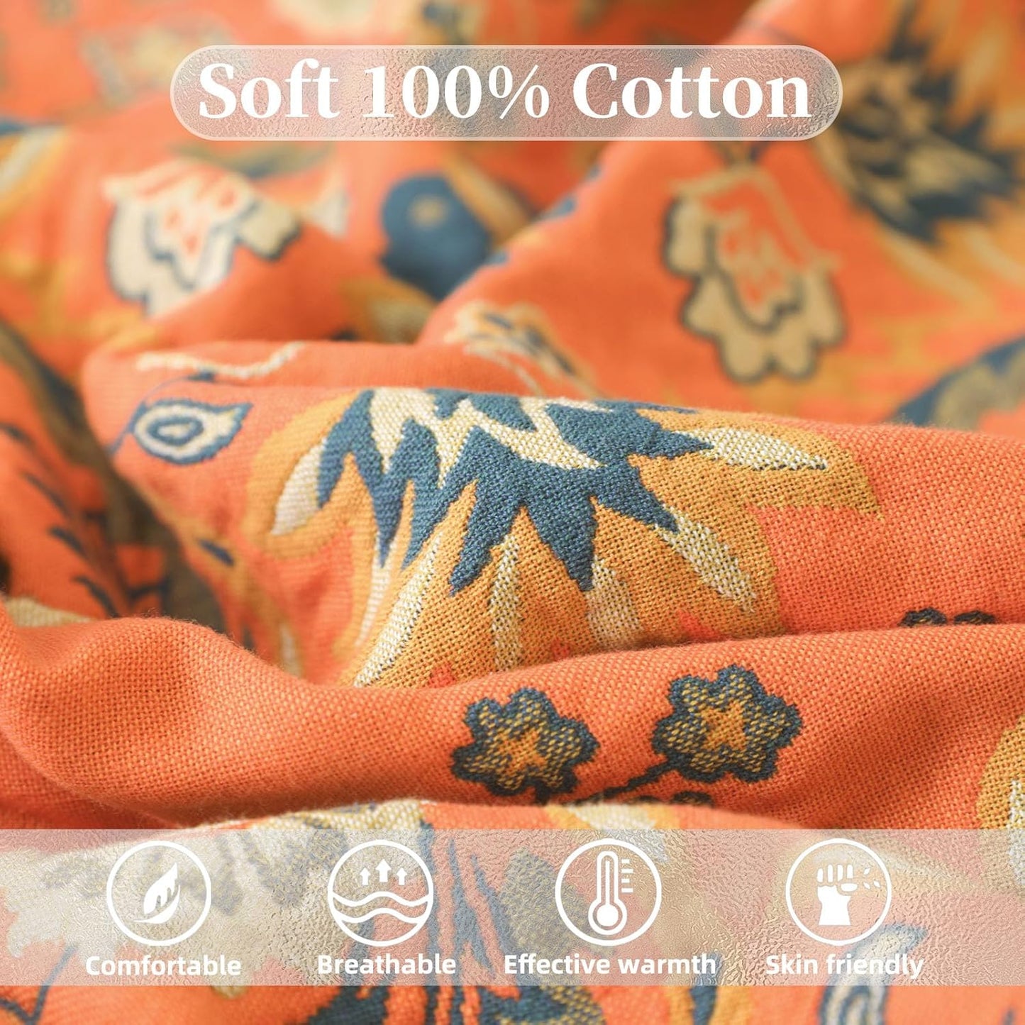 Boho Throw Blanket for Bed - 100% Pure Cotton Ultra Soft Rustic Quilt - Farmhouse Decor Bed