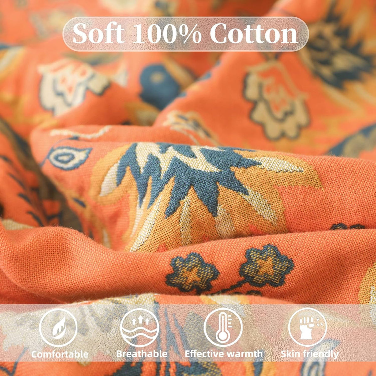 Boho Throw Blanket for Bed - 100% Pure Cotton Ultra Soft Rustic Quilt - Farmhouse Decor Bed
