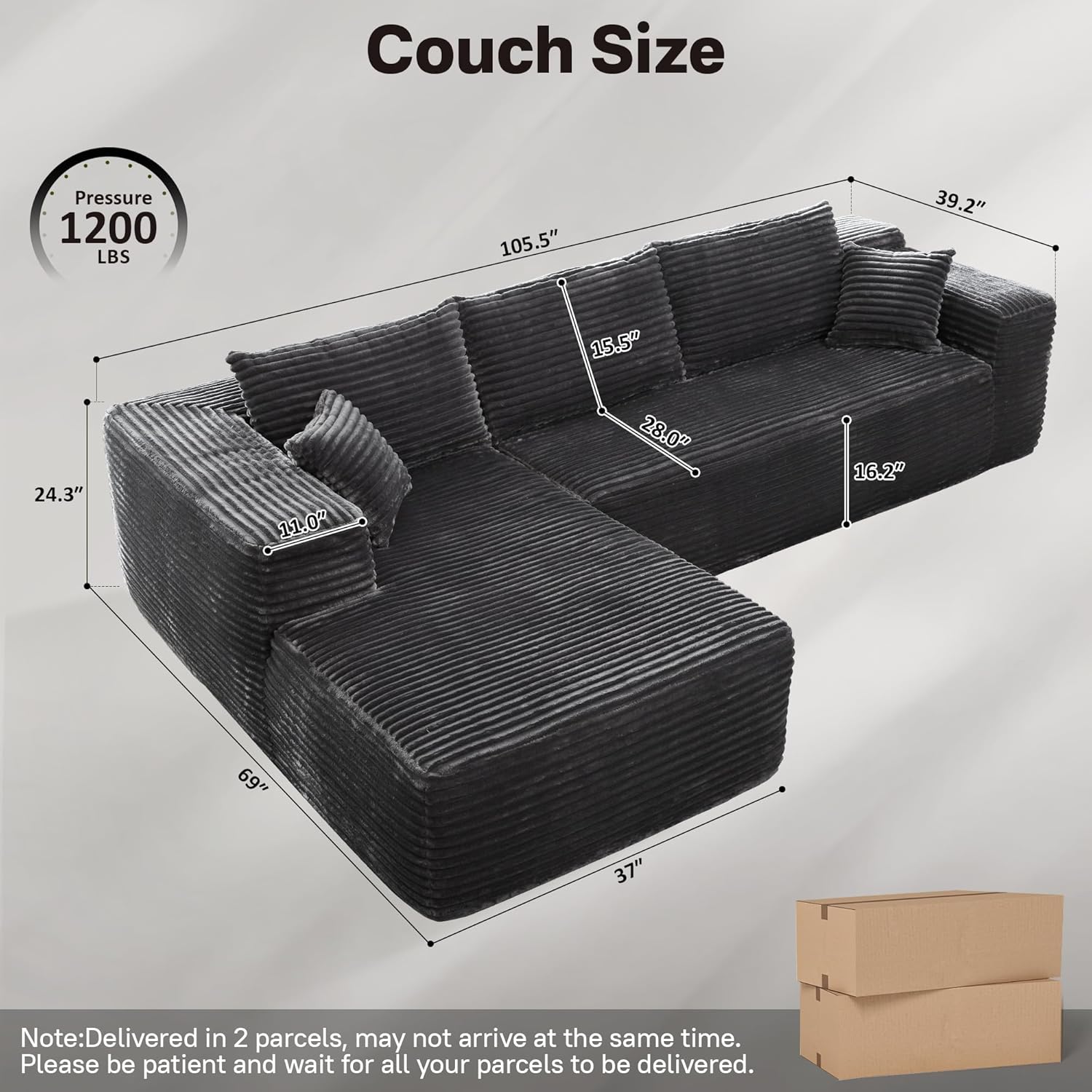 104" Cloudy Sectional L Shaped Couch for Living Room, No Assembly Required, Modular Comfy Sofa with