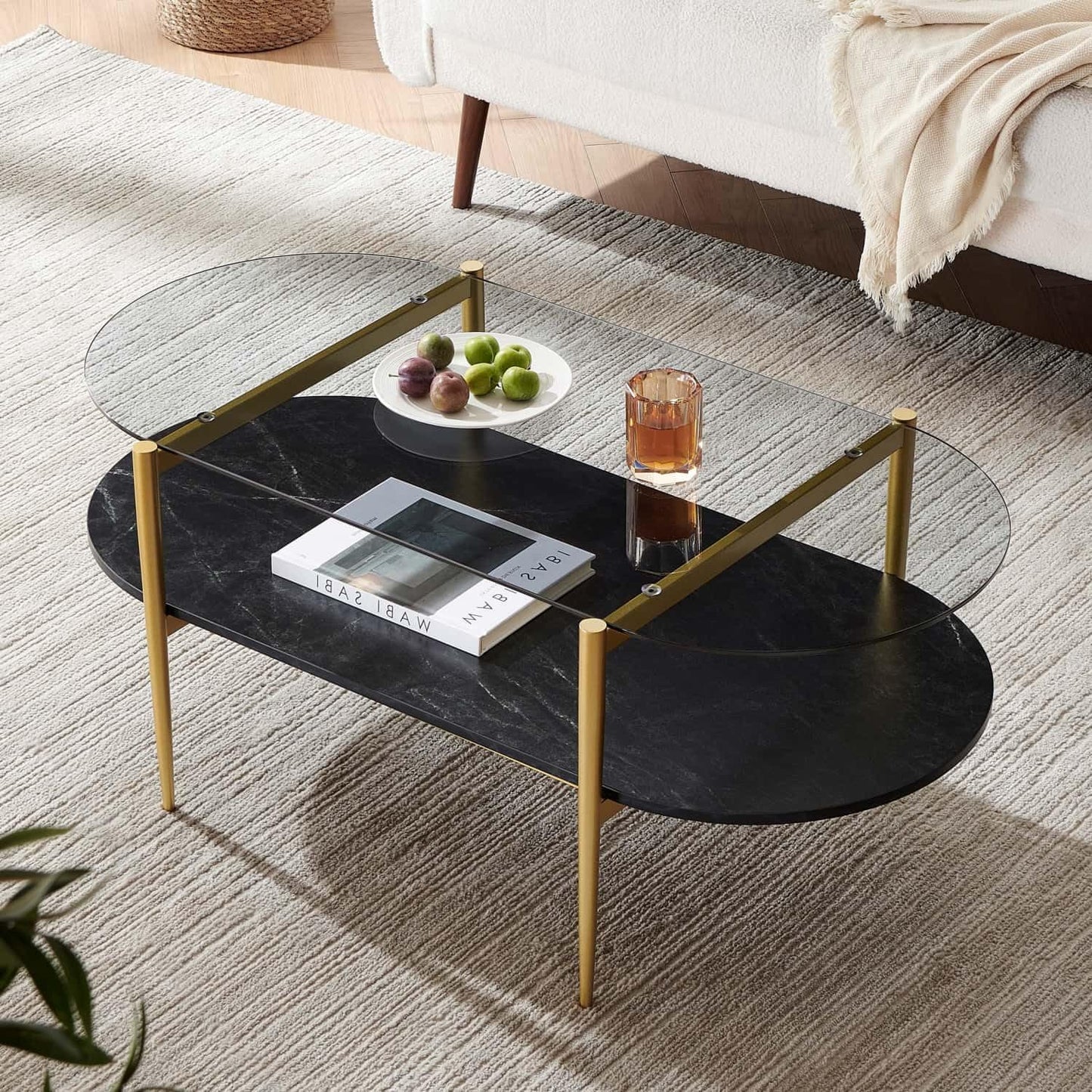Oval Glass Coffee Table, Mid-Century Modern Design, L41 x W21 x H17 inch, for Living Room, Grey