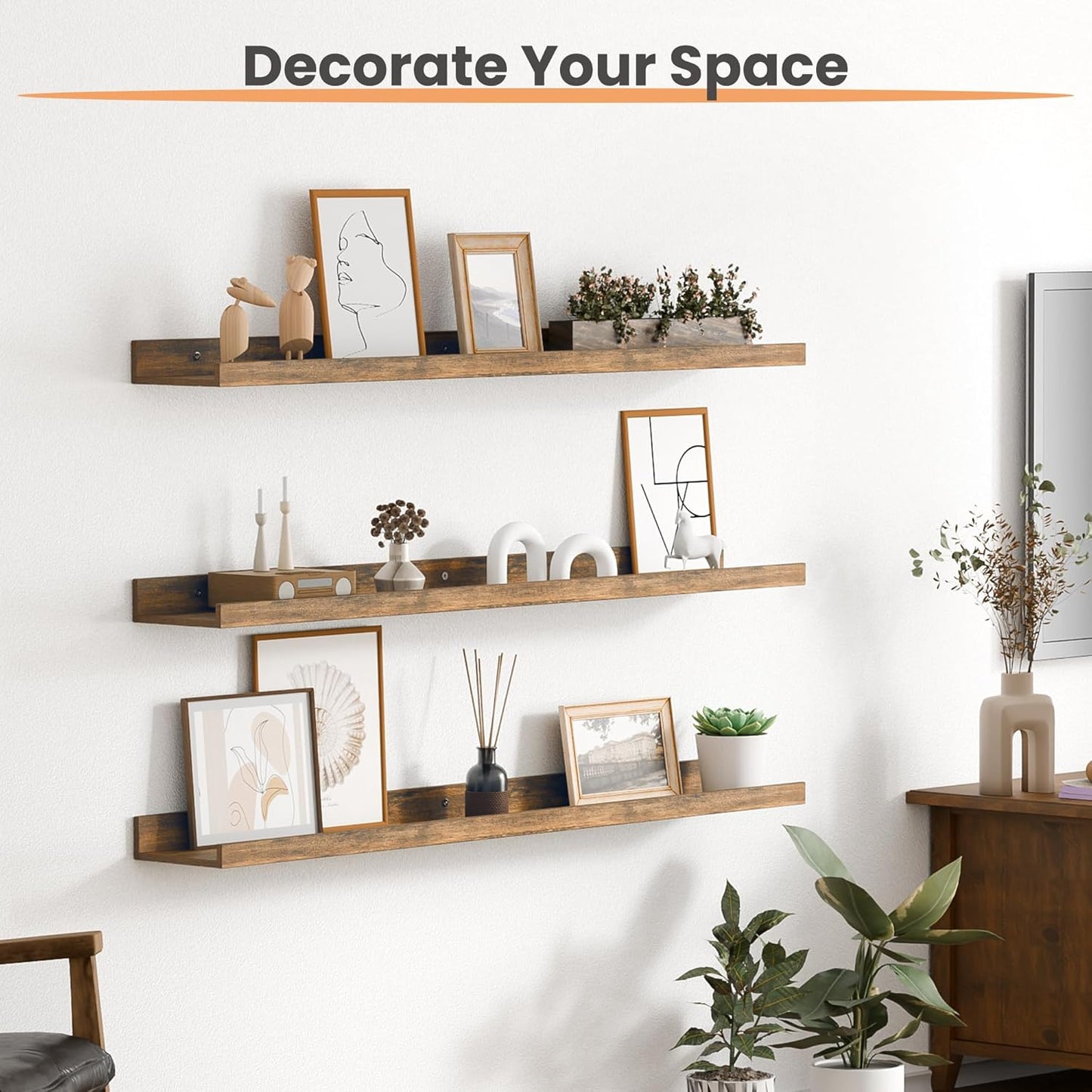 upsimples Floating Shelves for Wall, Wall Shelves for Decor Storage Set of 6, Wall Mounted Wood