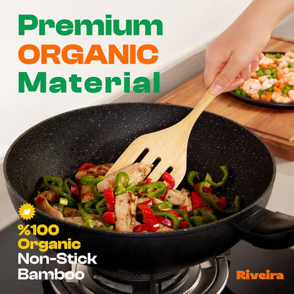 Riveira Natural Bamboo Wooden Cooking Utensils Set of 9 Premium Quality Non-Toxic Wooden Spoons and
