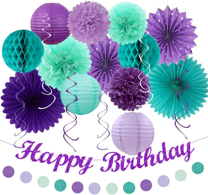 Teal-purple Lavender Girl Mermaid-birthday Party-decorations - 21pcs Happy Banner,Under The Sea